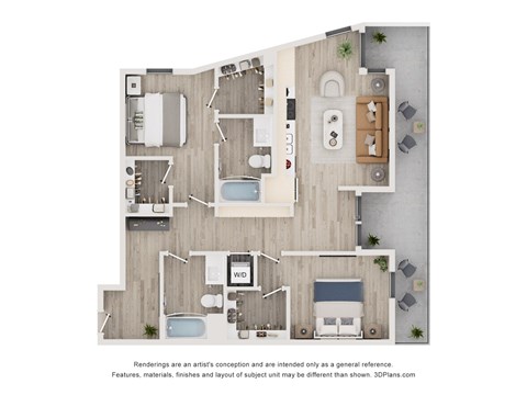 Floor plan for 2 beds, 2 baths, 933 sqft